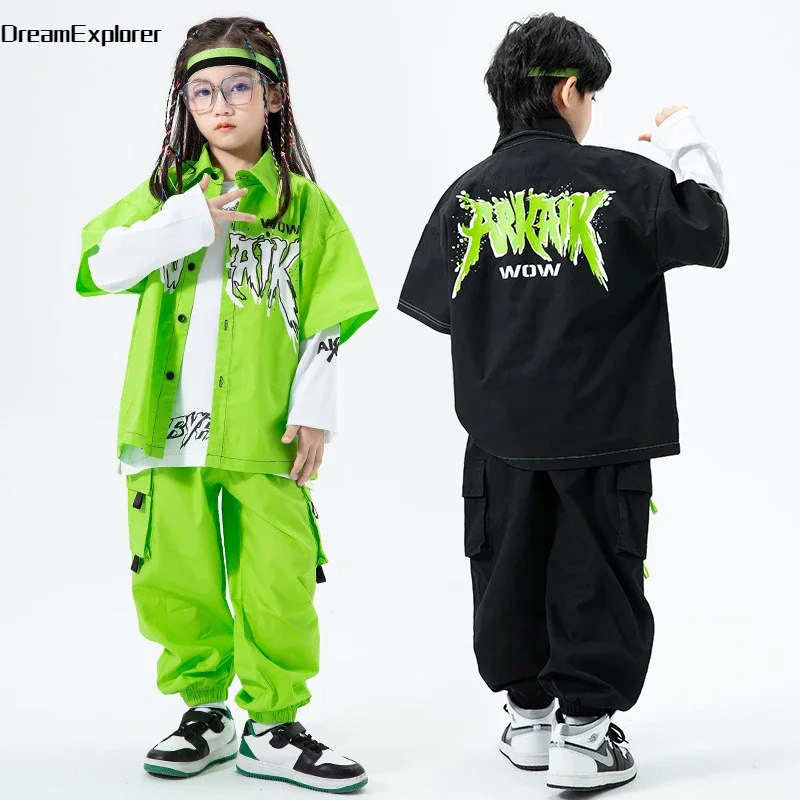 Top Trends: Boys Hip Hop Cool Print Shirt Cargo Pants Girls Street Dance Green Jacket Joggers Clothes Set Child Streetwear Kids Jazz Costume Shoppable Styles