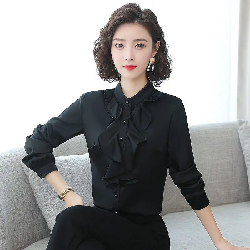 Top Trends: Korean Fashion Office Lady Chiffon Blouse Ruffles Long Sleeve Spring Autumn Loose Cardigan Solid White Women Elegant Shirt 2022 Shoppable Styles - Image 2