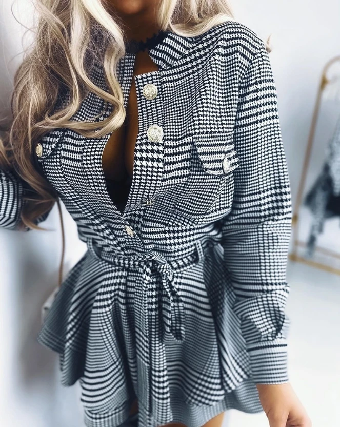 Top Trends: Y2K Elegant And Pretty Women's Dresses 2023 Autumn New Fashion And Sexy Standing Collar Houndstock Print Pocket Design Romper Shoppable Styles