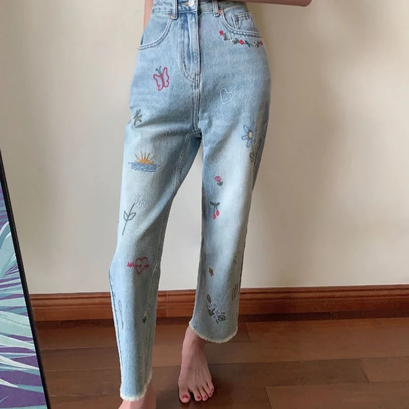 Top Trends: Spring Summer New Fashion Jeans Women High Street Casual Loose Printing Button Zipper Pockets All-match Elegant Straight Pants Shoppable Styles