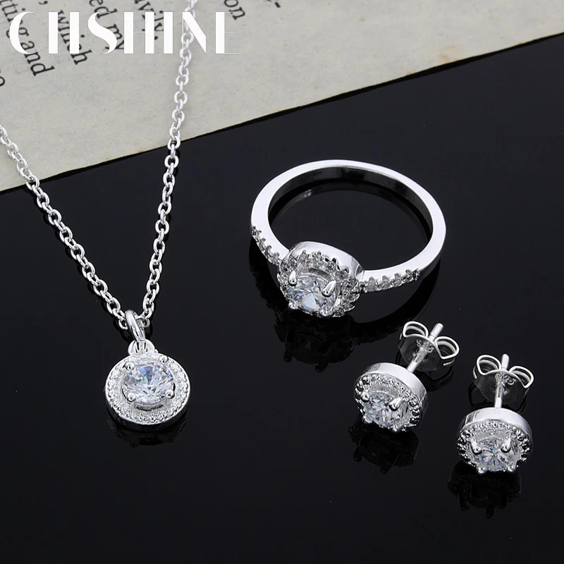 Top Trends: 925 Sterling Silver Cute Solid Christmas Gift Noble Fashion Elegant Women Shiny Crystal CZ Necklace Earring Ring Jewelry Set Shoppable Styles