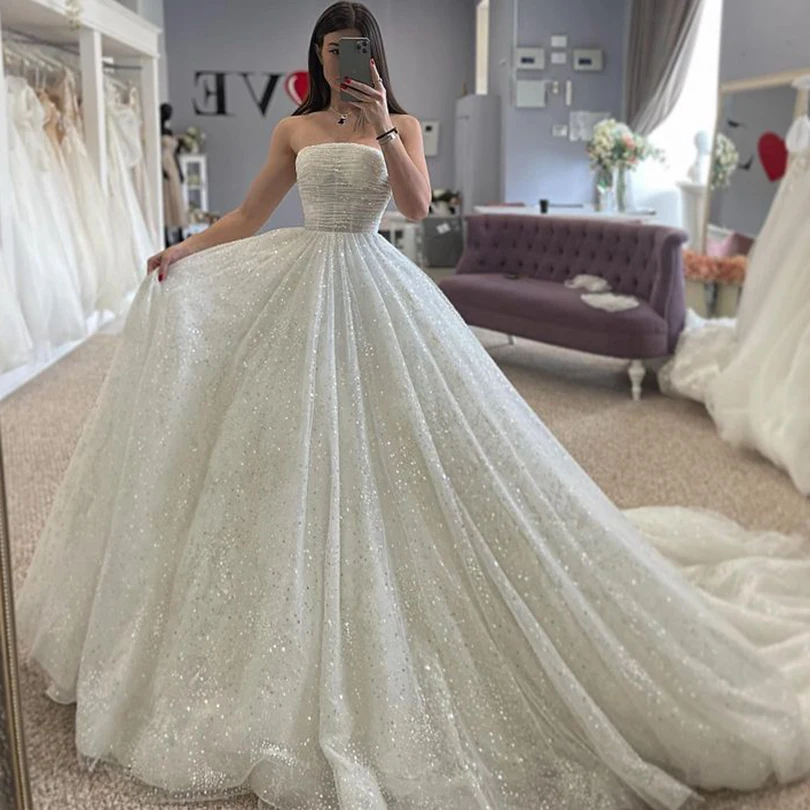 Top Trends: Vintage Glitter Wedding Dresses Pleated Strapless A-Line Shiny Off Shoulder Bridal Gowns Backless Sparkly Princess Bride Dress Shoppable Styles