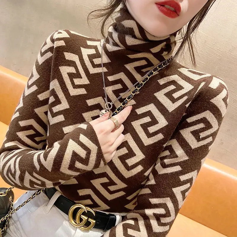 Top Trends: Female Vintage Turtleneck Jumpers Tops Geometric Patchwork Autumn Winter Fashion Slim Commute All-match Long Sleeve Sweaters Shoppable Styles