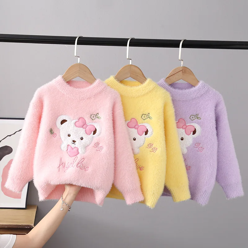 Top Trends: Autumn Winter Girls Sweater Keep Warm Little Girl Cotton Clothing Cartoon Bear Flocking Pullover Knitting Sweaters Kids GY07261 Shoppable Styles