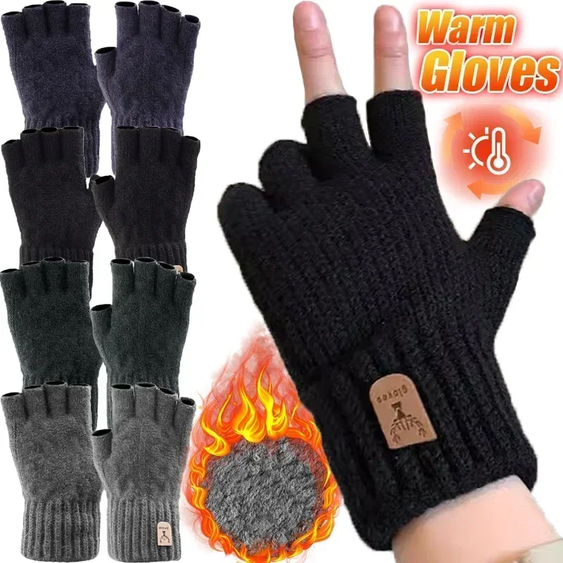 Top Trends: Knitted Thick Thermal Half Finger Gloves Women Men Winter Outdoor Warm Wool Driving Fingerless Glove Touchscreen Mittens Shoppable Styles