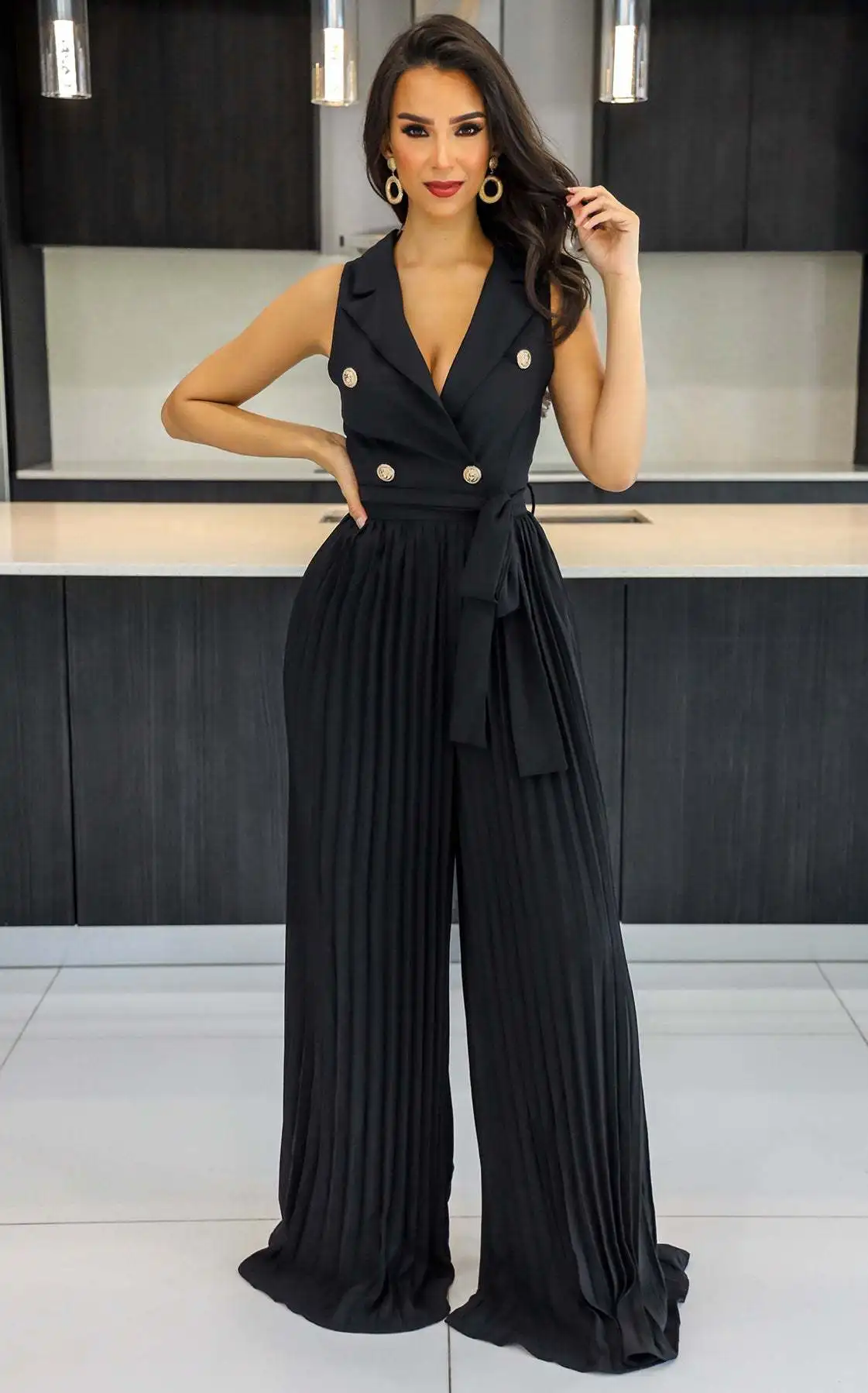 Top Trends: Clothing 2023 Summer Sleeveless Jumpsuits Women Pleated Wide Leg Pants Belt Button Down Notched Lapel Back Out One Piece Outfits Shoppable Styles