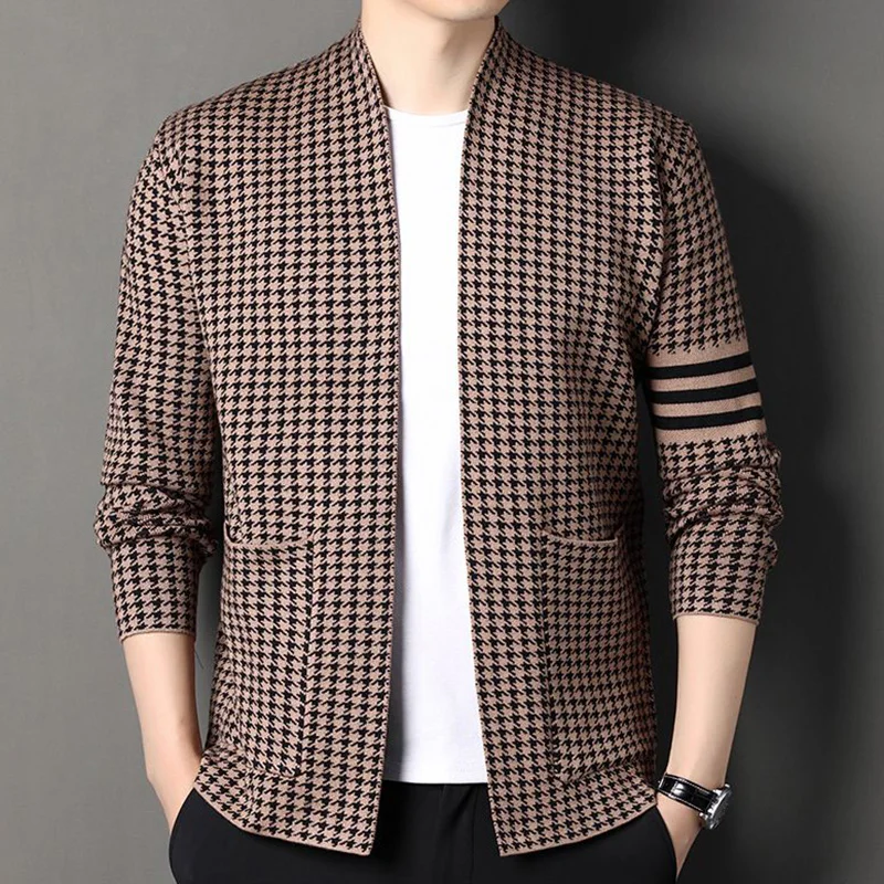 Top Trends: Fashion Loose Knitted Spliced Pockets Houndstooth Cardigan Sweaters Men&#039;s Clothing 2023 Autumn New Casual Tops All-match Coat Shoppable Styles