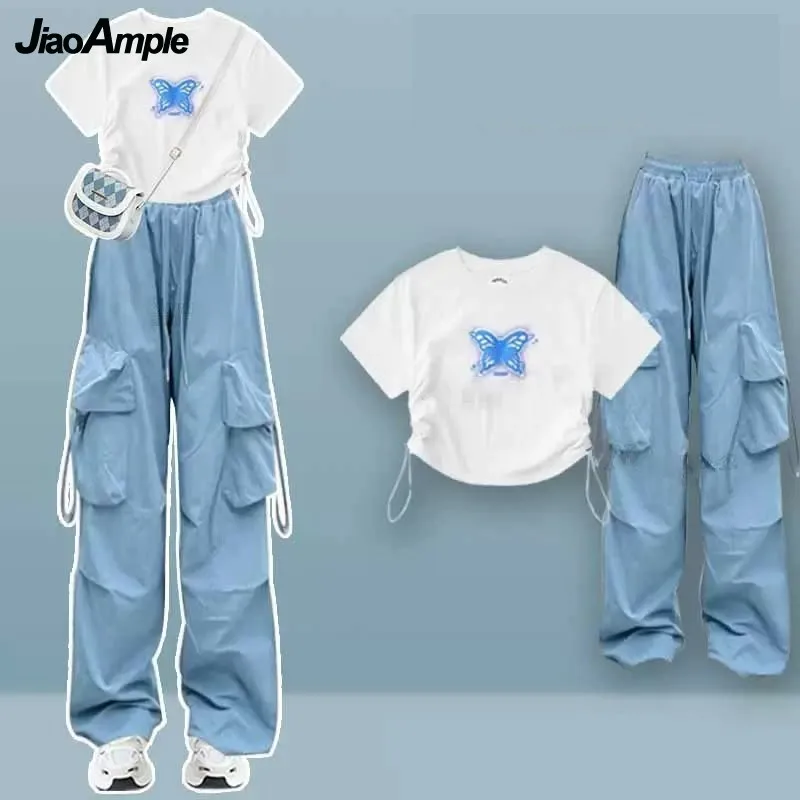 Top Trends: Women&#039;s Summer Tracksuit Suit 2023 New Chic Short Sleeve T-shirt+ Work Wide Leg Pants Two-piece Korean Elegant Sportswear Set Shoppable Styles