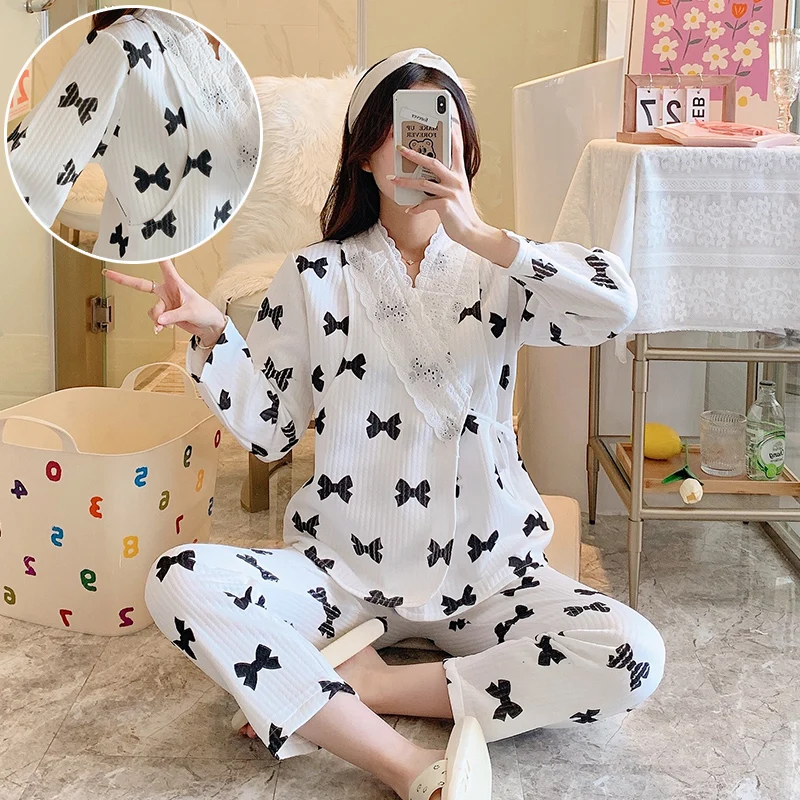 Top Trends: Spring Pregnant Woman Lactation Pajamas Set Fashion Maternity Nursing Clothes Sets Lace Patchwork Breastfeeding Tops+ Pants Thin Shoppable Styles