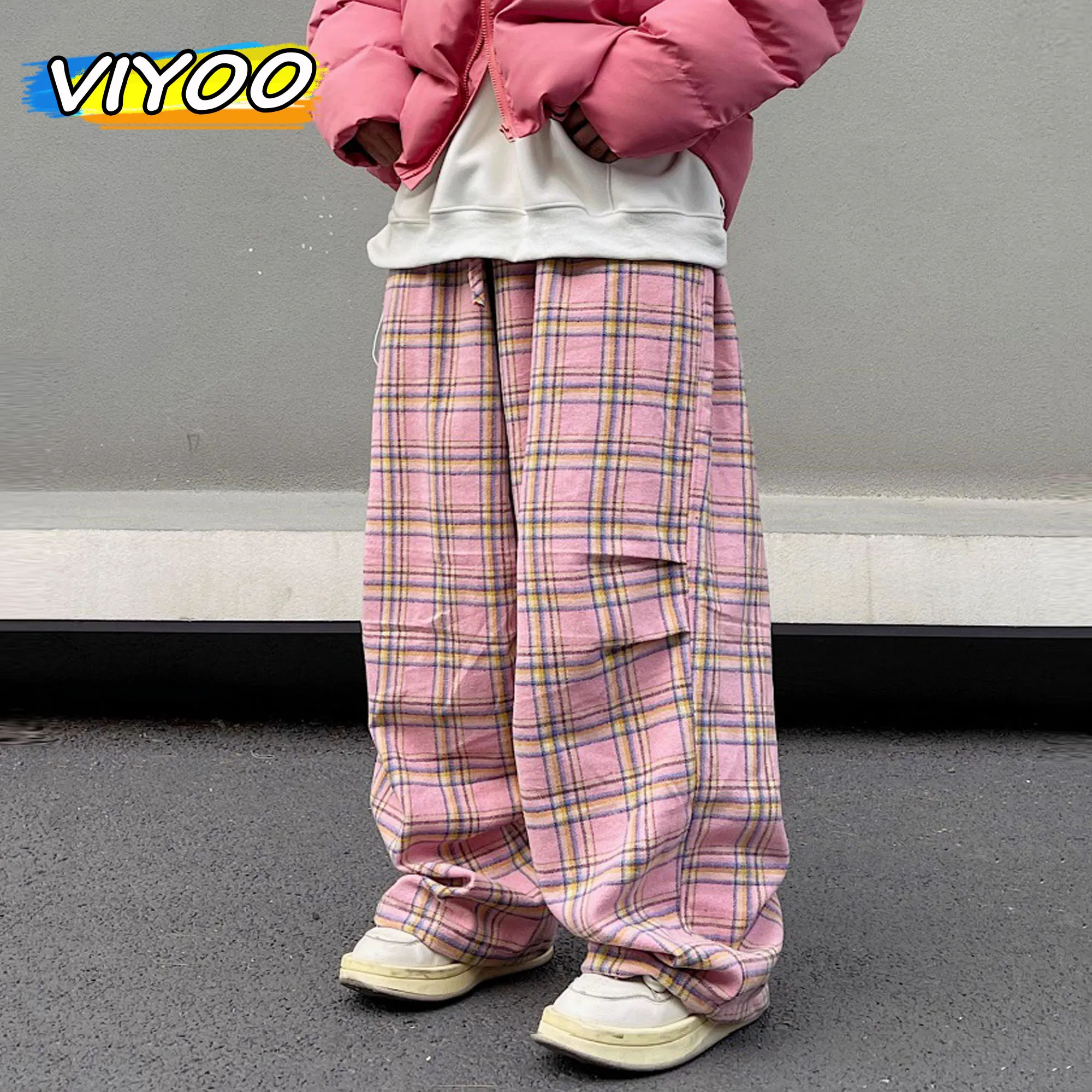 Top Trends: Men&#039;s Pink Vintage Oversized Plaid Pants Summer Baggy Wide Leg Pants Drawstring Y2K Streetwear Trousers Japanese Korean Clothes Shoppable Styles