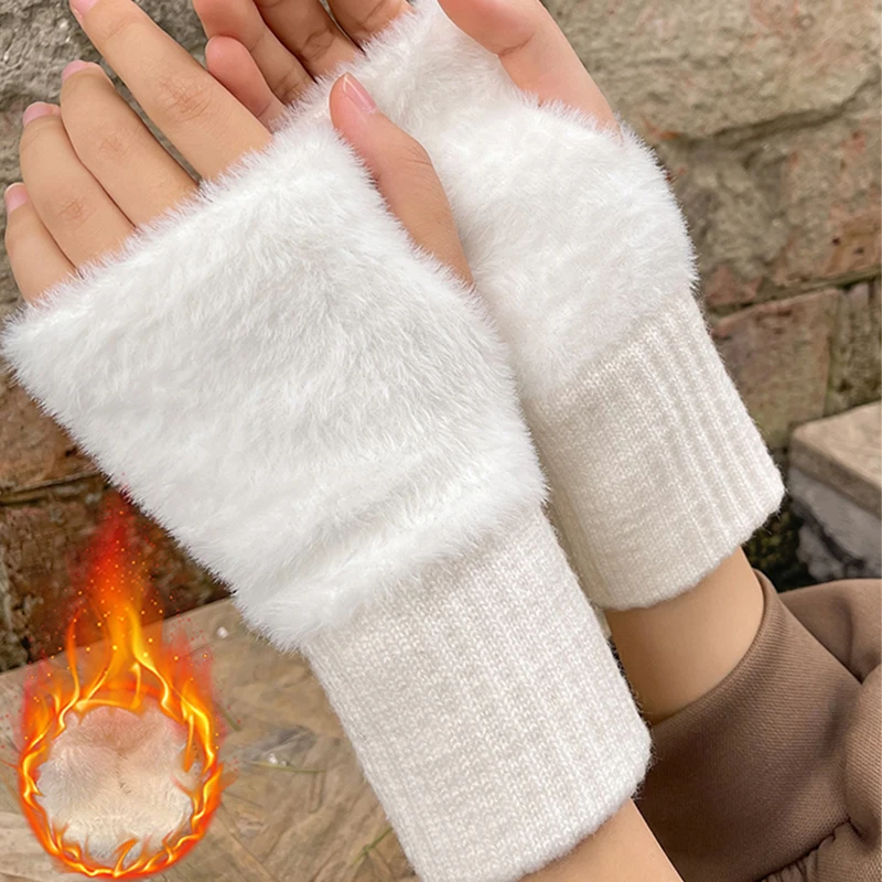 Top Trends: Mink Fleece Soft Winter Half Finger Gloves Women Warm Solid Color White Plush Knitted Fingerless Gloves Wrist Mittens Writting Shoppable Styles