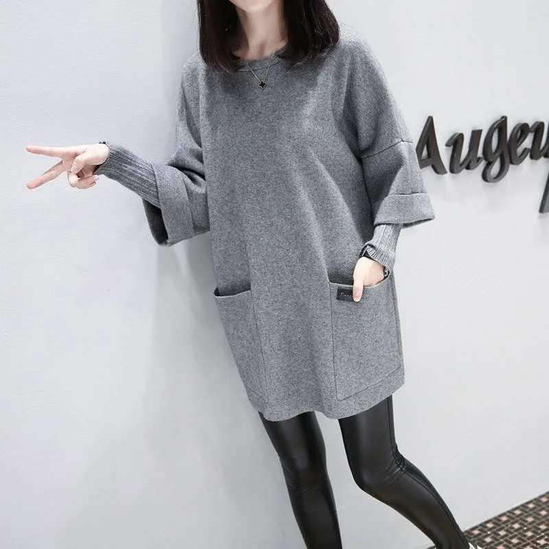 Top Trends: Korean Autumn Winter Pulse Size Cotton Sweatshirts Loose Drop Sleeve X-long O-Neck Female Pockets Decoration Two Fake Pieces Shoppable Styles - Image 3