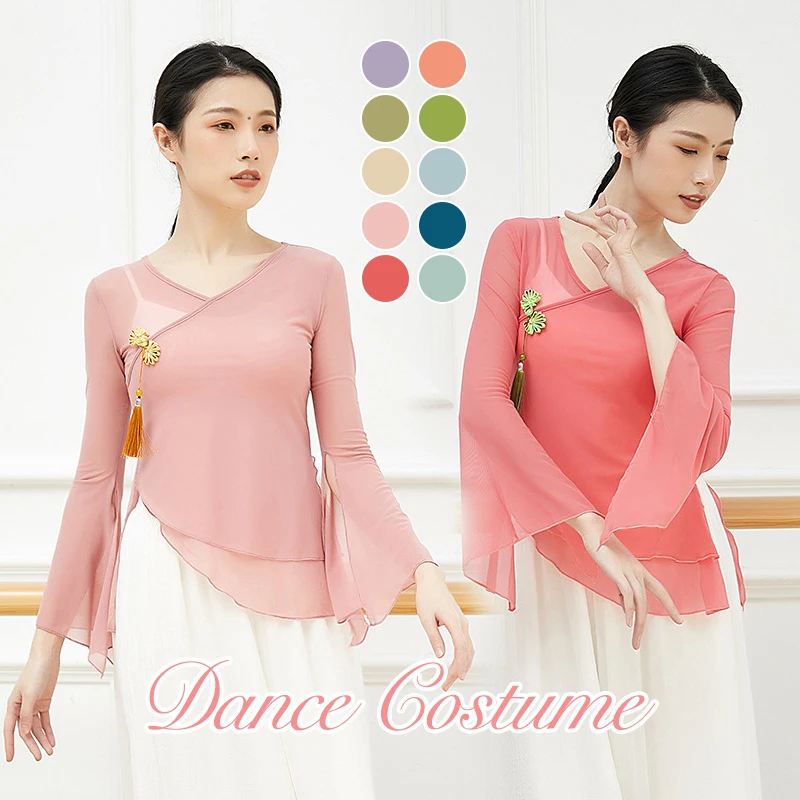 Top Trends: Women Classical Dance Shirt Clothes Chinese Retro Buckle Ancient Rhyme Gauze Translucent Long Sleeve Tops Folk Dance Costume Shoppable Styles