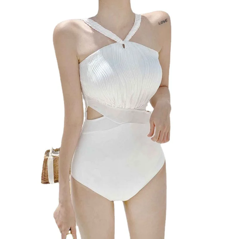 Top Trends: 2023 Sexy Cut Out One Piece Swimsuit Women Solid White Swimwear Open Back Monokini Mesh High Neck Halter Bathing Suit Push Up Shoppable Styles - Image 6