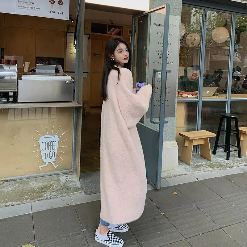 Top Trends: Long Knitted Cardigan Jacket Women&#039;s Autumn Winter Pink Soft Loose Lazy Mink Cashmere Cardigans Sweater Korean Fashion Clothing Shoppable Styles