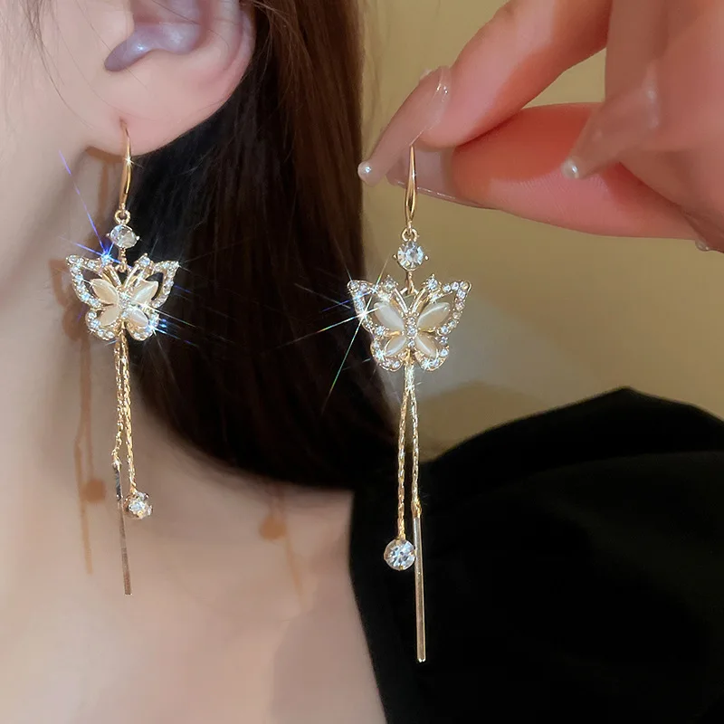 Top Trends: Korean Fashion Crystal Cat's Eye Stone Butterfly Tassel Earrings For Women Jewelry 2023 Trending Luxury Women's Drop Earrings Shoppable Styles