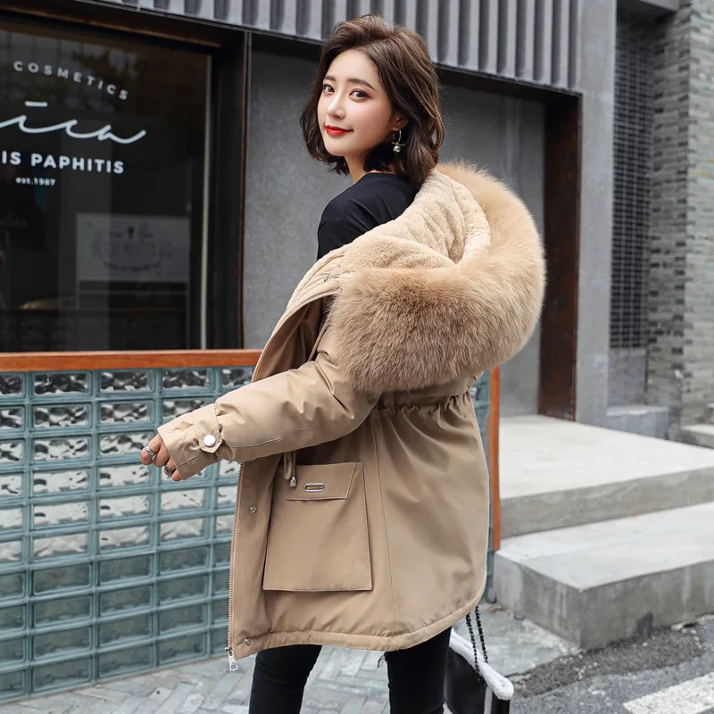 Top Trends: Women Casual Fur Lining With Pockets Big Fur Collar Winter New Parkas Thicken Warm Jacket Hooded Parka Coats Mujer Cotton Coat Shoppable Styles