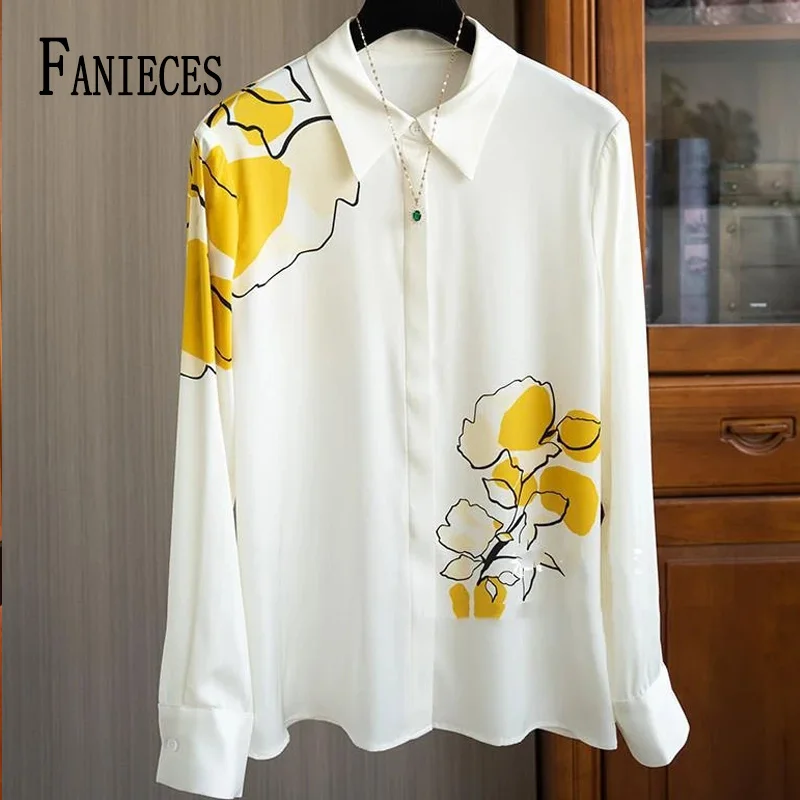 Top Trends: FANIECES Yellow Print Women White Blouse Elegant Satin Office Lady Tops Long Sleeve Loose Casual Plus Size Blusas Para Mujer Shoppable Styles