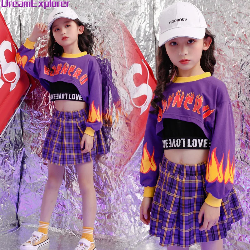 Top Trends: Girls Hip Hop Crop Sweatshirt Plaid Mini Skirt Clothing Sets Kids Purple Outfit Child Jazz Street Dance Teen Costumes Streetwear Shoppable Styles