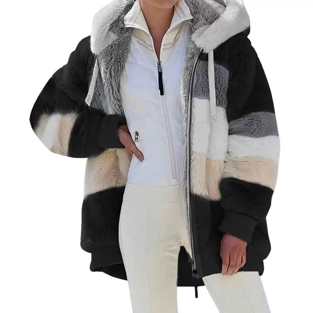 Top Trends: Women Winter Coat Warm Patchwork Zipper Pocket Stitching Hooded Faux Fur Long Sleeves Cardigan Furry Slim Lady Fleece Jacket Shoppable Styles