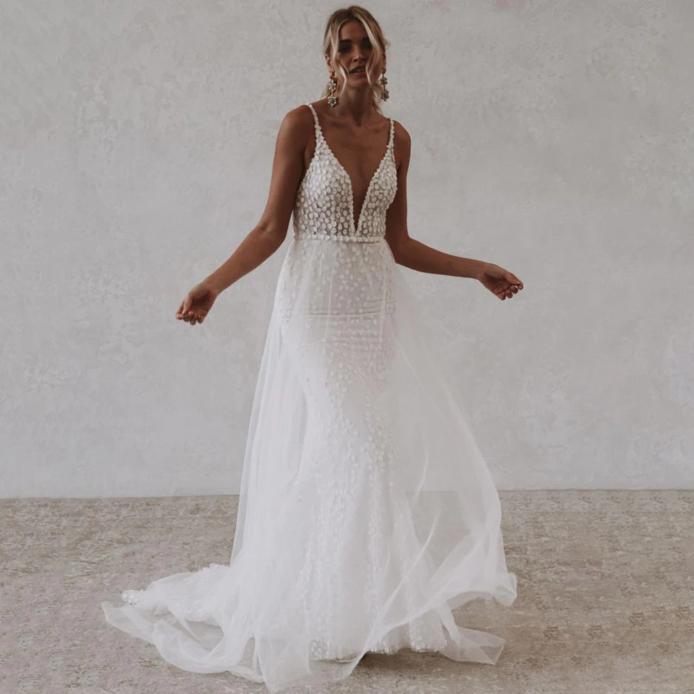 Top Trends: Sexy Flower Appliques 2024 Mermaid Wedding Dress Spaghetti Straps Chiffon Deep V-Neck Bridal Gown Backless Robe De Mariée Shoppable Styles