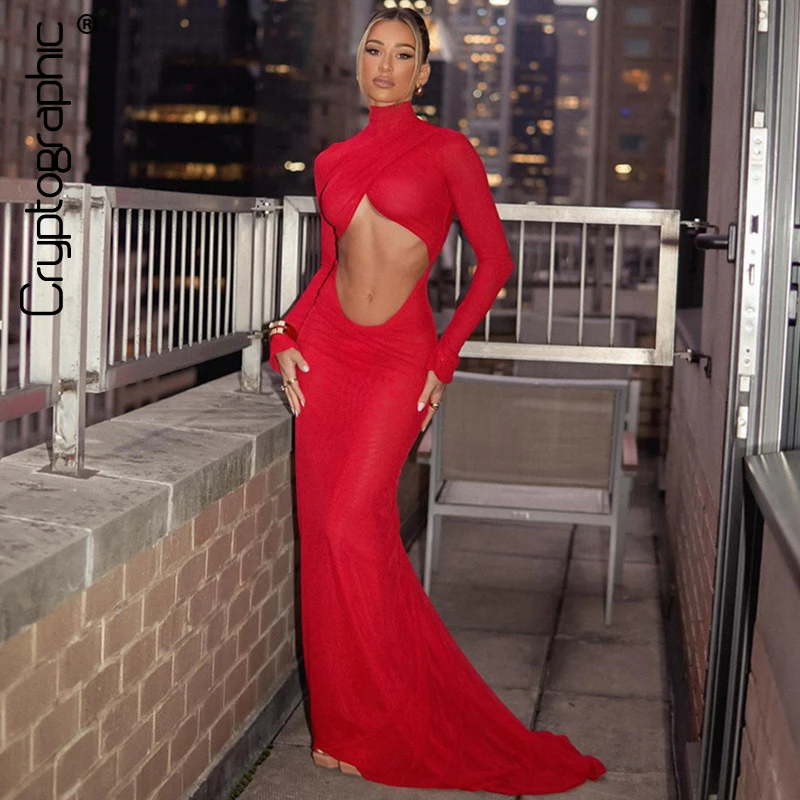 Top Trends: Cryptographic Elegant Red Cut Out Maxi Dress For Women Party Club Outfits Long Sleeve Ruched Sexy Backless Gown Birthday Dresses Shoppable Styles