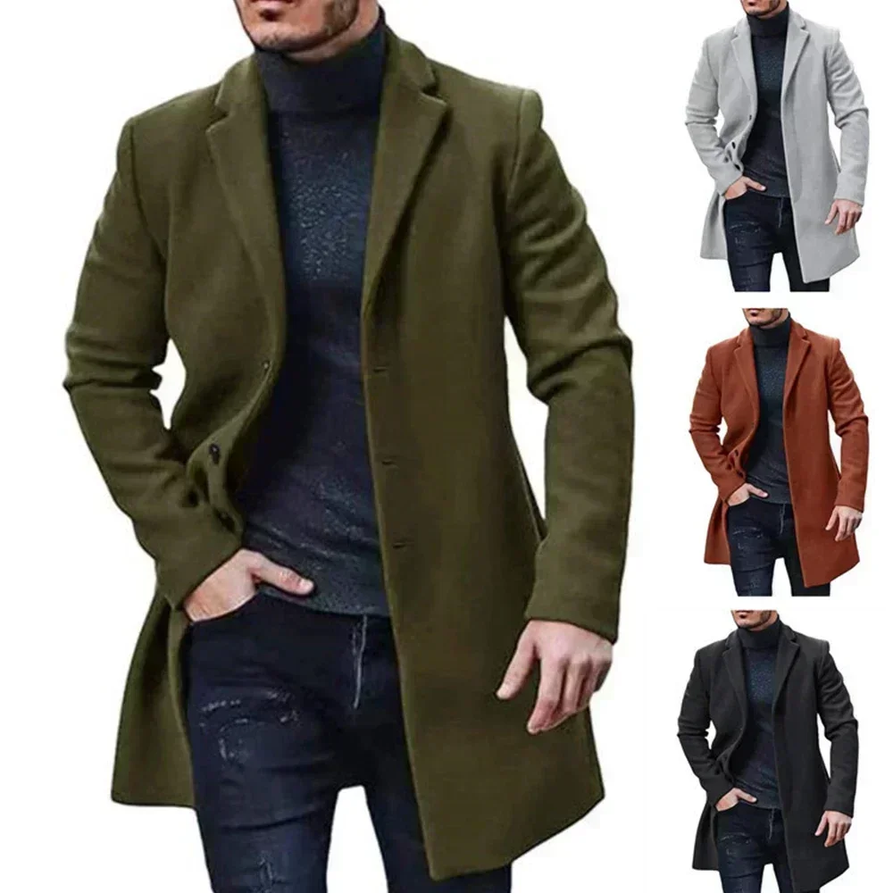 Top Trends: New 2023 Autumn Winter Men's Long Single-breasted Jacket Solid Button Coats Casual Loose Man Trench Over Coat Outerwear Clothing Shoppable Styles