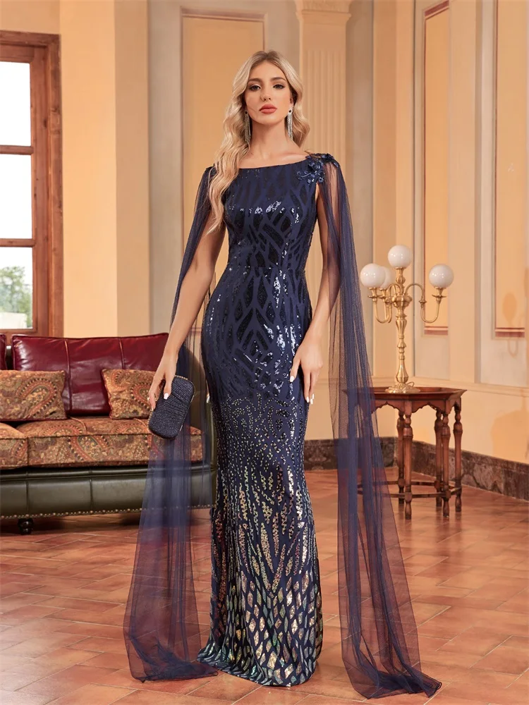 Top Trends: Lucyinlove Luxury Arabia Long Sleeve Sequins Evening Dress Women 2024 Female Guests Wedding Party Prom Blue Cocktail Dresses Shoppable Styles