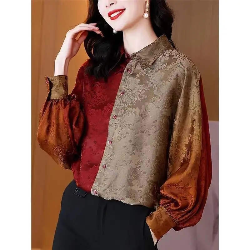 Top Trends: Women&#039;s Clothing Vintage Elegant Jacquard Spliced Shirt Autumn New Female Button Turn-down Collar Fashion Color Matching Blouse Shoppable Styles