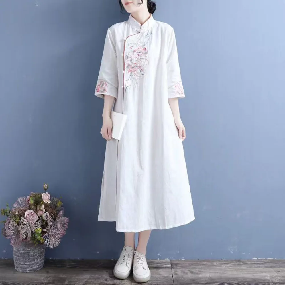 Top Trends: Daily Cheongsam Girl Spring Summer New Small Fresh Cotton And Linen Long Female Slim Embroidery Qipao Natural Real Women Shoppable Styles