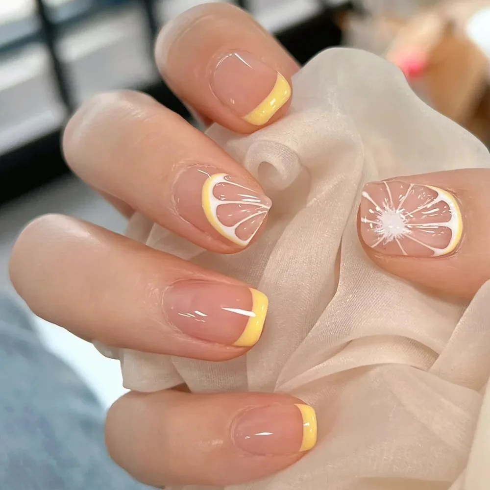 Top Trends: 24pcs Lemon Short Wear Tips Nail False Patch Press On Nails Supplies For Professionals Artifical Fake Nails Faux Ongles Uñas Shoppable Styles