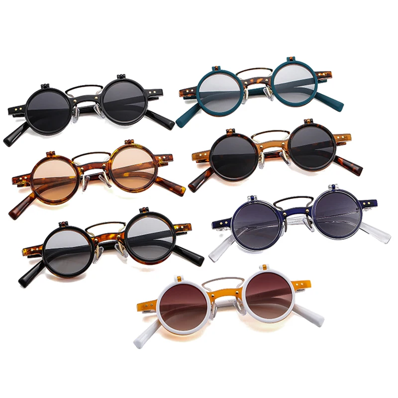 Top Trends: SO&EI Ins Popular Fashion Small Round Punk Double Bridges Women Sunglasses Retro Flip Lens Shades UV400 Men Rivets Sun Glasses Shoppable Styles - Image 3