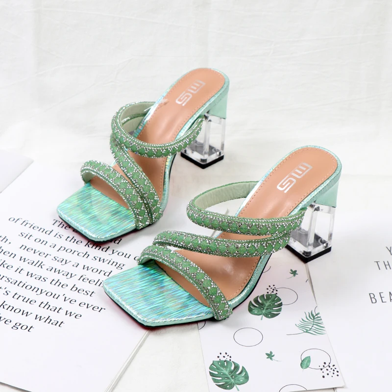 Top Trends: 2022 Summer Oumeifan Fashion Rhinestone Sandals Crystal Heel Straight Rhinestone Square Head Women&#039;s Slippers High Heels Shoppable Styles