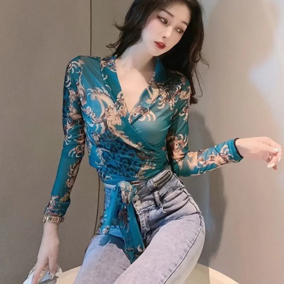 Top Trends: Spring Summer New V-neck Floral Print Slim Top Women Long Sleeve Casual Fashion All-match Bandage Tee Ladies Skinny Mesh T-shirt Shoppable Styles