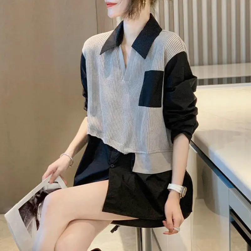 Top Trends: High Street Spring Autumn Stylish Spliced Blouse Fake Two Pieces Female Clothing Striped Turn-down Collar Casual Button Shirt Shoppable Styles