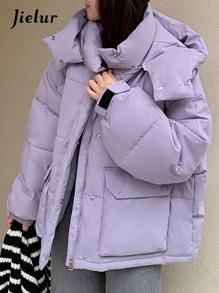 Top Trends: Jielur Purple Korean Loose Hooded Female Parkas Winter Basic Office Ladies Solid Color Fashion Simple Chic Pockets Women Parkas Shoppable Styles