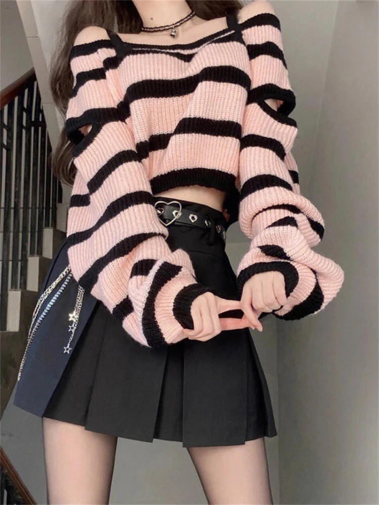 Top Trends: Deeptown Y2K Vintage Pink Striped Cropped Sweater Women Harajuku Off Shoulder Knitted Jumper Korean Fashion Casual Knitwear Tops Shoppable Styles