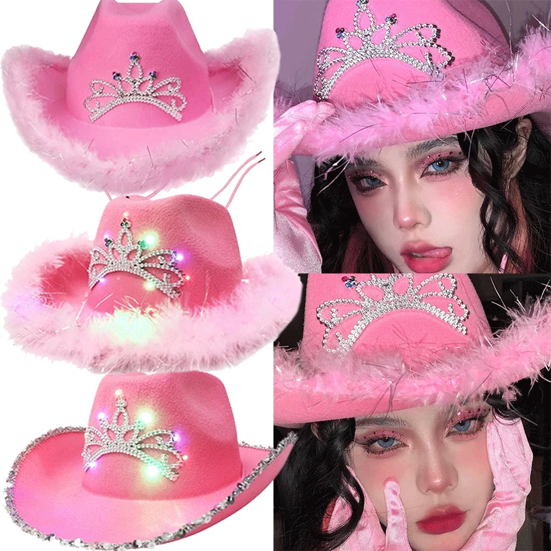 Top Trends: Pink West Cowgirl Hats For Women Cow Girl Hats Tiara Feather Felt Western Sequin Cowboy Hat Costume Party Play Dress Cap Shoppable Styles