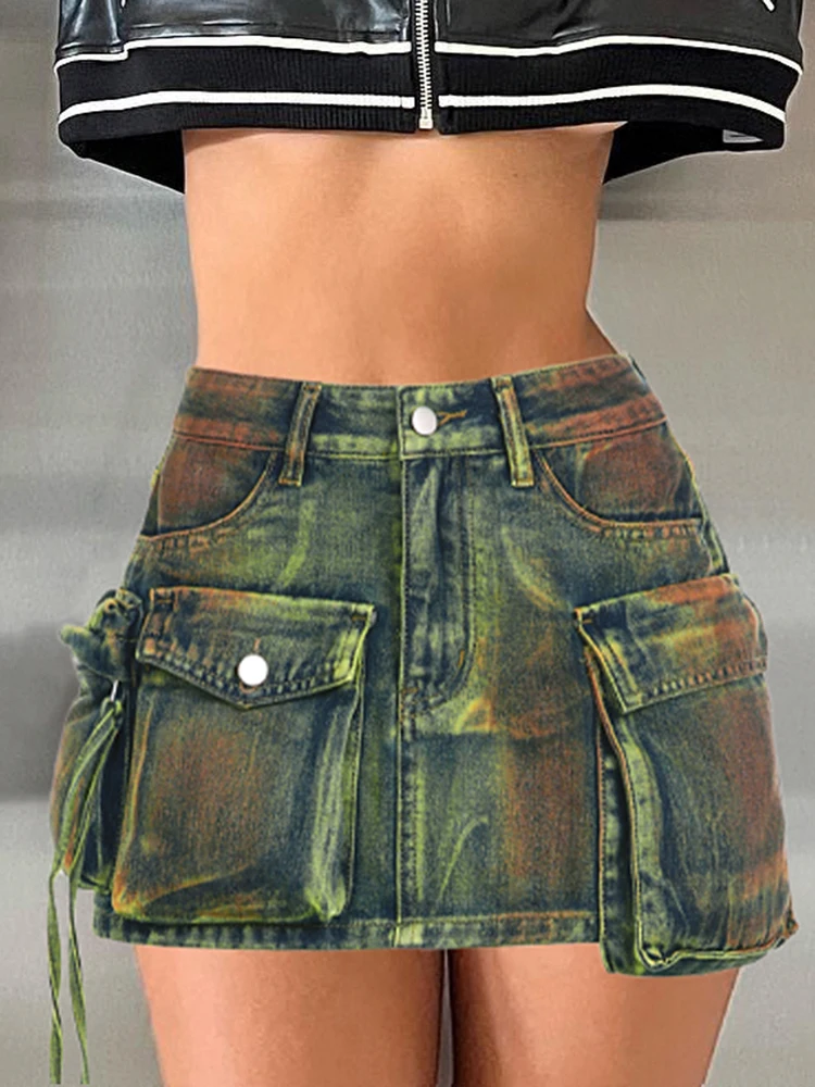 Top Trends: IAMSURE Safari Style Big Pockets Denim Skirt Sexy Slim Mid-Waisted Mini Skirts Women 2023 Summer Fashion Streetwear Ladies Shoppable Styles - Image 4