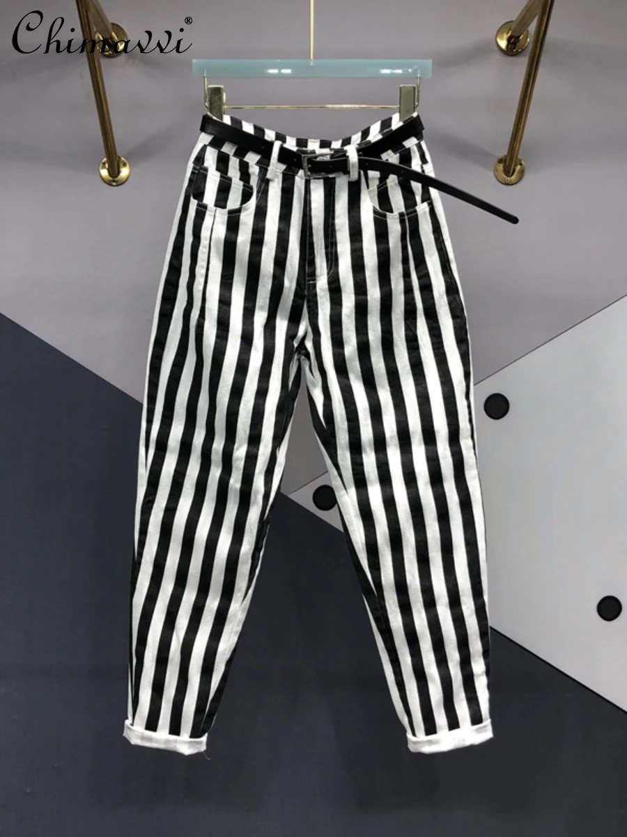 Top Trends: European Fashion Black White Striped Raddish-Shaped Jeans Female 2022 Autumn New Versatile High Waist Slimming Harem Denim Pants Shoppable Styles