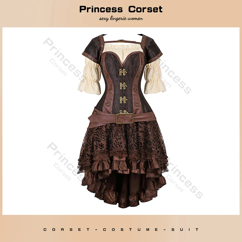 Top Trends: Brown Pirate Dress Plus Size Faxu Leather Steampunk Corset Dress With Shoulder Off Blouse Cosplay Pirate Costume For Women Shoppable Styles