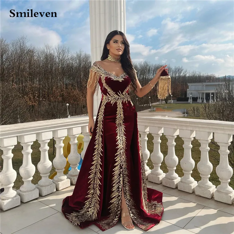 Top Trends: Smileven Burgundy Algeria Caftan Evening Dress Gold Lace Cap Sleeve Elegant Mermaid Velvet Arabic Prom Gowns Party Dress Shoppable Styles