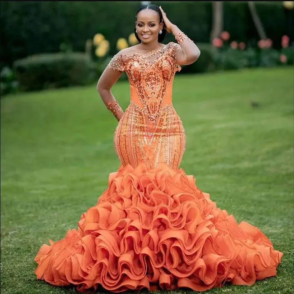 Top Trends: Romantic Orange Evening Dresses Mermaid Layered Ruffle Edge Black Girl Glitter Bead Lace Wedding Formal Occasion Party Ball Gown Shoppable Styles