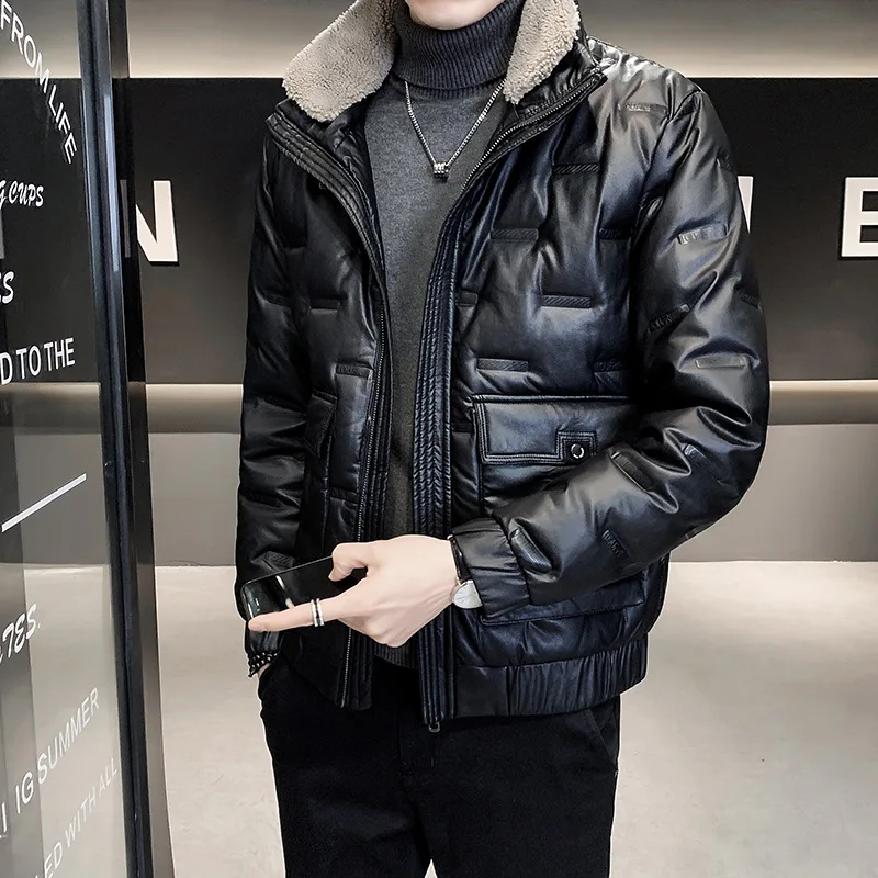 Top Trends: 2023 Winter New Leather Down Jacket Men's Slim Standing Collar Thickened Warm Black Coat Winter Jacket Men Coat Men Winter Shoppable Styles