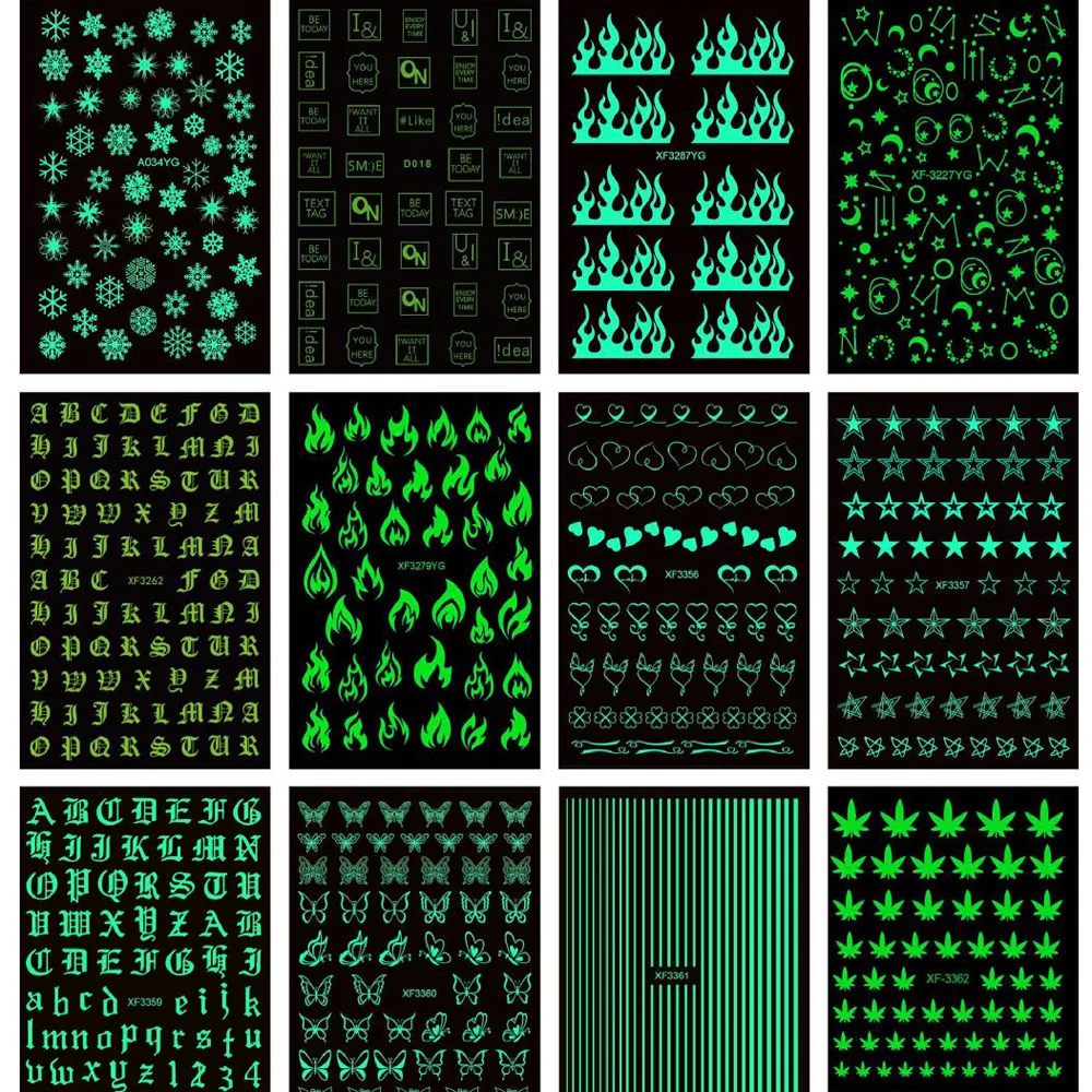 Top Trends: 1 Sheet Glow In The Dark Nail Art Sticker Snowflakes Flame Old English Alphabet Pentagram Butterfly Line Heart Star Leaf Decals Shoppable Styles