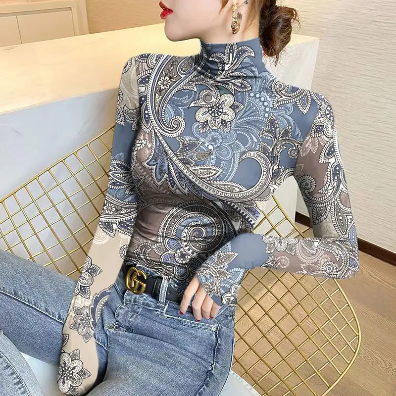 Top Trends: Women&#039;s Half High Neck Thin Bottom 2023 Autumn And Winter New Fashion Printed Long Sleeve Pullover T-shirt Slim All-match Tops Shoppable Styles