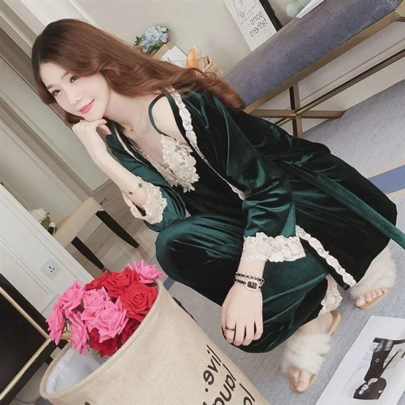 Top Trends: Pajamas Women's Autumn Winter Sexy Sling Gold Velvet Long-Sleeved Ladies Nightgown Suit Large Size Home Wear Three-piece Set Shoppable Styles