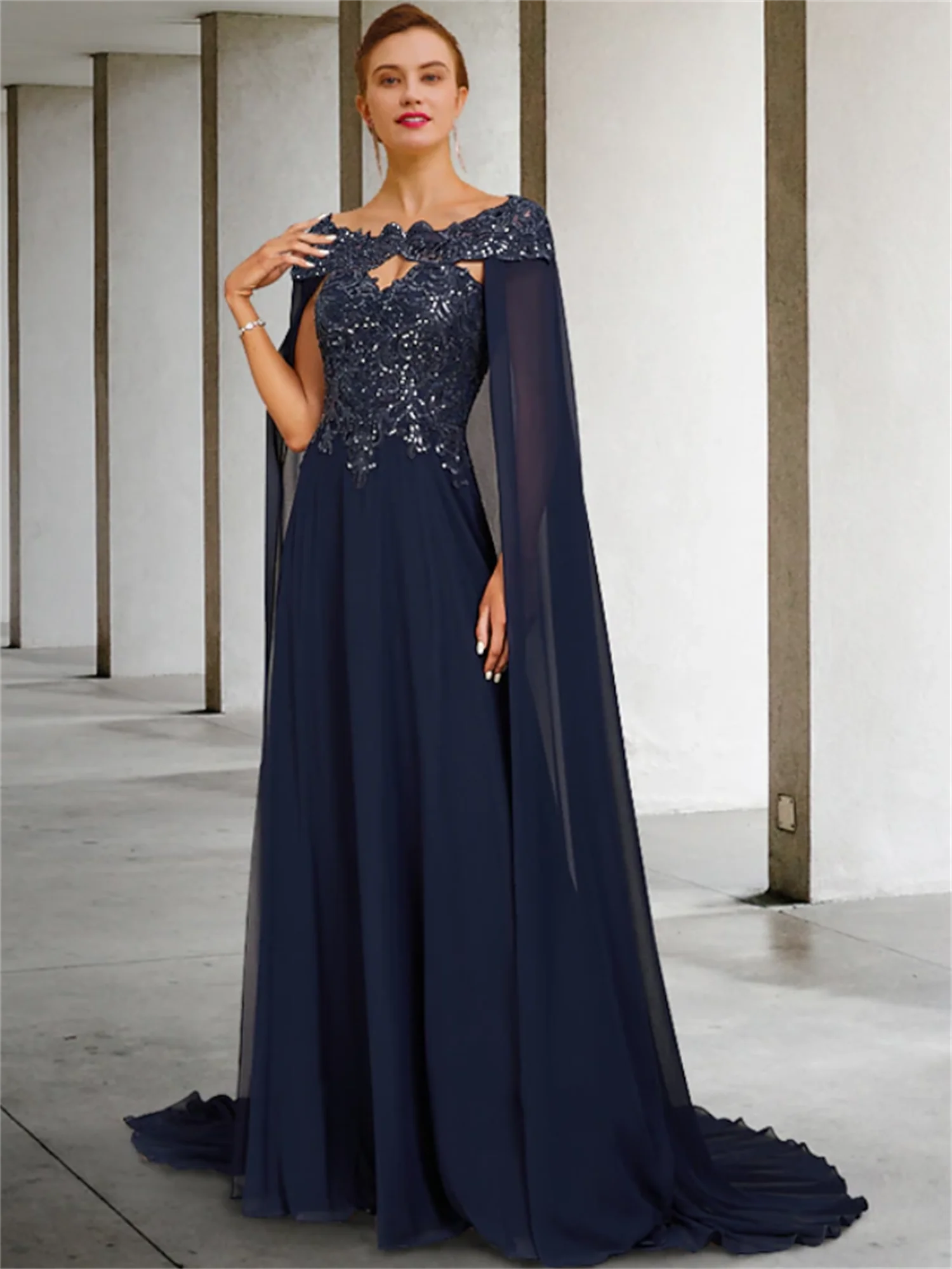 Top Trends: 2023 Long Navy Blue Mother Of The Bride Dresses With Cape Wedding Party Dress Vestidos Elegantes Para Mujer Shoppable Styles