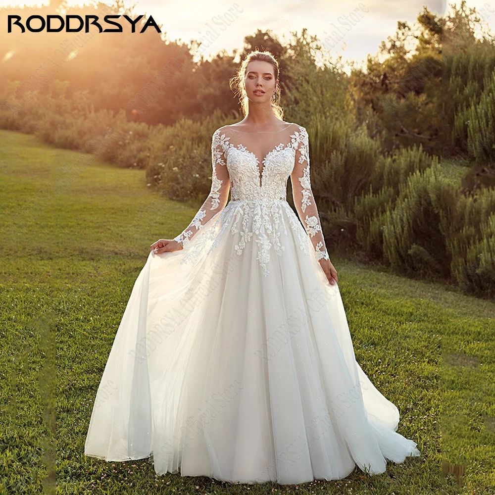 Top Trends: RODDRSYA Pastrol Wedding Dresses For Woman Long Sleeves Illusion Back Scoop Bride Gowns Applique A-Line Tulle Vestidos De Novia Shoppable Styles