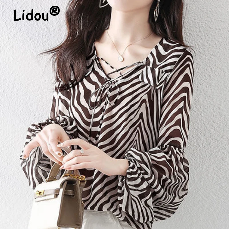 Top Trends: Brown Zebra Puff Sleeves Loose Chiffon Shirt Long Sleeve V-neck Blouse For Female 2022 Spring Summer Elegant Casual Clothing Shoppable Styles